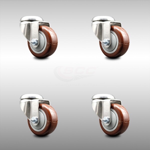 3 Inch 316SS Maroon Polyurethane Wheel Swivel Bolt Hole Caster Set SCC